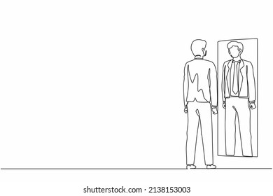 Single one line drawing businessman looks himself in the mirror. Clerk or manager looking at his reflection in mirror and evaluating his attire. Continuous line draw design graphic vector illustration