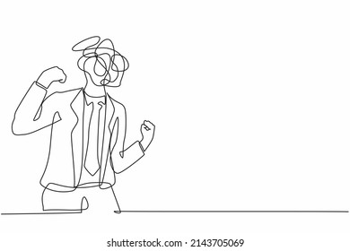 Single one line drawing businessman with round scribbles instead of head. Angry male manager in suit standing showing threatening gesture with clenched fist. Continuous line draw graphic design vector