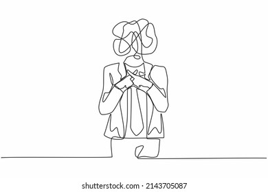 Single one line drawing businessman with round scribbles instead of a head. Man hand making sign crossing fingers forming an x. Cross, wrong or banned just say no. Continuous line draw design vector