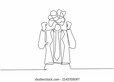 Single one line drawing businessman with round scribbles instead of a head. Angry man raised fist and shout or screaming expression. Man expresses negative emotions. Continuous line draw design vector