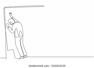 Single One Line Drawing Businessman Crying Sad Lost His Opportunity. Depressed Office Worker Wailing On The Wall Losing His Job. Depressive Disorder, Sorrow. Continuous Line Draw Design Graphic Vector