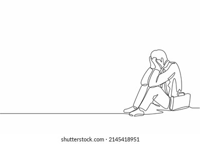 Single one line drawing businessman feeling sad and depression sitting on the floor. Office worker feeling blue, stress, sad. Depression for young people concept. Continuous line graphic design vector