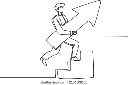 Single one line drawing of businessman with arrow walking up stairway to high target. Business concept growth and path to success. Modern continuous line draw design graphic vector illustration.