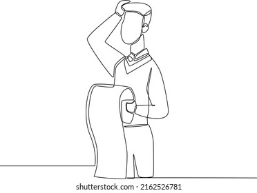 Single one line drawing businessman looking at  payment paper with doubt. Corporate Finance Concept. Continuous line draw design graphic vector illustration.