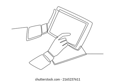 Single one line drawing Businessman touching and sliding tablet screen. Technology concept. Continuous line draw design graphic vector illustration.