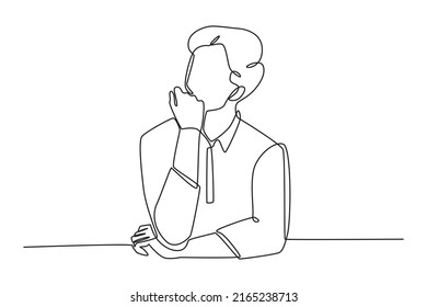 Single one line drawing Businessman thinking about question, pensive expression. Doubt concept.. Continuous line draw design graphic vector illustration.