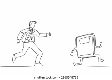 Single one line drawing businessman run chasing try to catch text book. Office worker being chased by work deadlines. Running out of time. Business metaphor. Continuous line design vector illustration