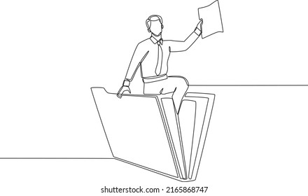 Single one line drawing businessman holding Document data sitting on folder. Working big data concept. Continuous line draw design graphic vector illustration.