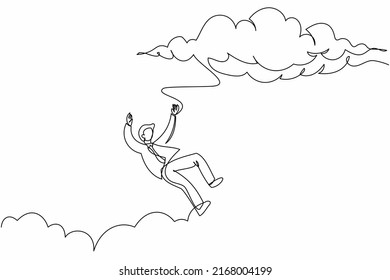 Single one line drawing businessman falling from sky. Failure and defeat. Financial crisis. Person loses business and job. Employee dismissal at work. Continuous line draw design vector illustration