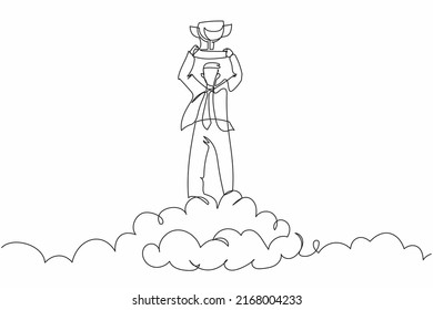 Single one line drawing businessman holding trophy in cloud. Manager celebrates his victory in sky. Business success goal achievement. Winning award. Continuous line graphic design vector illustration