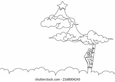 Single one line drawing businessman climbing ladder to reach out for stars. Employee climb career path. Motivation to be success, winning goal. Continuous line draw design graphic vector illustration