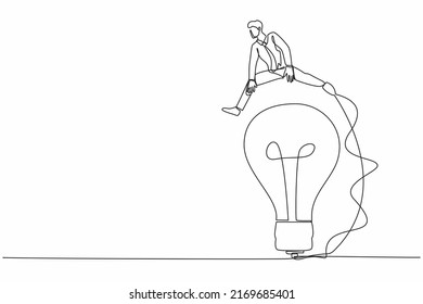 Single one line drawing businessman jumping over big light bulb. Business innovation transformation. Adaptation creativity to move beyond original idea. Continuous line draw design vector illustration