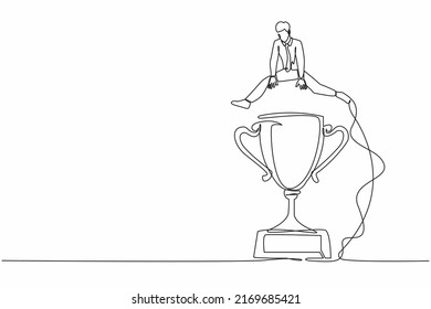 Single one line drawing businessman jumping over big trophy. Success or victory, winning prize or trophy, challenge or succeed in business competition. Continuous line draw design vector illustration