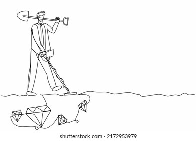 Single one line drawing businessman with shovel and metal detector looking for pile of diamonds. Worker treasure hunter finding precious stone. Continuous line draw design graphic vector illustration