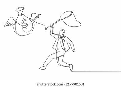 Single one line drawing businessman try to catching flying money bag with butterfly net. Achieving goals, profits, money. Striving for success. Continuous line draw design vector graphic illustration
