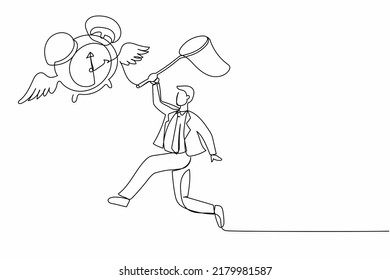 Single one line drawing businessman try to catching flying alarm clock with butterfly net. Male manager working with deadlines. Running out of time. Continuous line design graphic vector illustration
