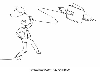 Single one line drawing businessman try to catching flying wallet with butterfly net. Losing money, spending, pay, wasteful, gone money, financial concept. Continuous line design vector illustration