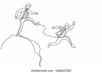 Single one line drawing businessman kick throw male colleague off cliff or hill. Man eliminate rival coworker at workplace. Rivalry and competition. Continuous line design graphic vector illustration