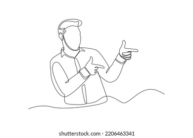Single one line drawing businessman pointing with two hands and fingers to the side. Pointing concept. Continuous line draw design graphic vector illustration.