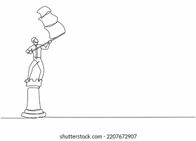 Single one line drawing businessman standing on top of big rook chess piece and waving a flag. Successful leadership. Strategy winning competition. Continuous line design graphic vector illustration