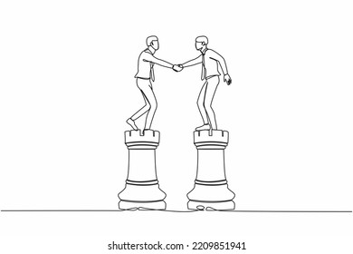 Single one line drawing businessman leader shaking hand on rook chess, metaphor agreement. Negotiation skill to deal with competitor, partnership decision. Continuous line design vector illustration