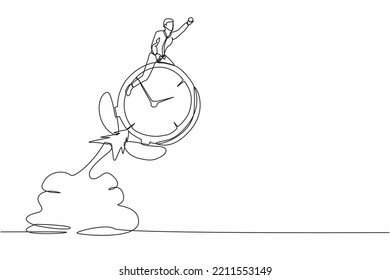 Single one line drawing businessman riding alarm clock rocket flying in the sky. Time management, manage to finish project with deadline, productivity. Continuous line draw design vector illustration