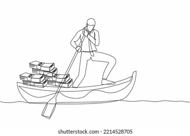 Single one line drawing businessman standing in boat and sailing with pile of banknote. Financial crime, tax evasion, money laundering, political corruption. Continuous line design vector illustration