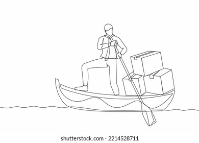 Single one line drawing of businessman standing in boat and sailing with pile of cardboard. Shipping through the ocean. Delivery and packaging. Continuous line draw design graphic vector illustration