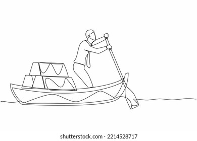 Single one line drawing businessman standing in boat and sailing with stack of golden bullion. Successful investor or entrepreneur. Gold investment. Continuous line graphic design vector illustration