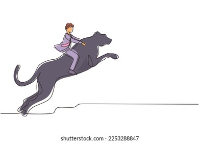 Single one line drawing businessman riding cheetah symbol of success. Business metaphor concept, looking at the goal, achievement, leadership. Continuous line draw design graphic vector illustration