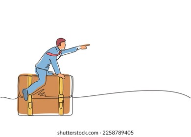 Single one line drawing businessman flying on leather business briefcase. Leadership and attack. Business person move achieve success. Modern continuous line draw design graphic vector illustration