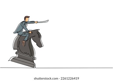 Single one line drawing businessman riding big chess horse knight with sword. Strategy, business, competition, achievement goal concept. Modern continuous line draw design graphic vector illustration