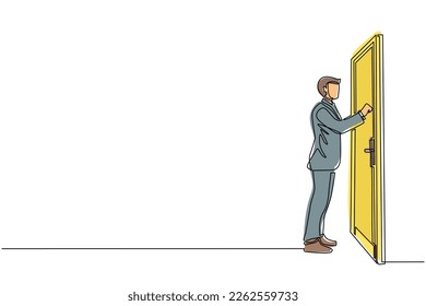 Single one line drawing businessman knocking at door. Man standing at entrance of room knocking door. Male in business suit is knocking at door. Continuous line draw design graphic vector illustration