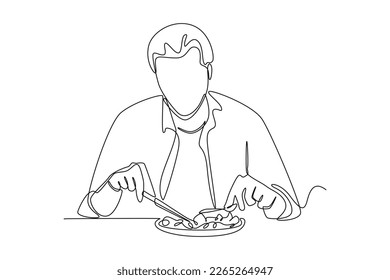 Una sola línea atrae a un empresario comiendo un almuerzo saludable. Atención médica en la oficina. Ilustración gráfica de vector de diseño de línea continua.