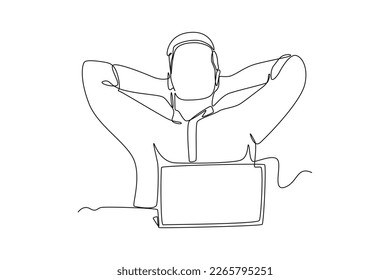 Single one line drawing businessman is relaxing in front of desk. Healthcare at office concept. Continuous line draw design graphic vector illustration.