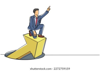 Single one line drawing businessman standing on arrows coming out of holes. Man leading financial graph rising from hole. Business growth concept. Modern continuous line draw design graphic vector