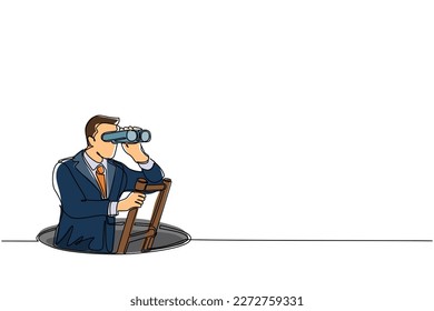 Single one line drawing businessman climbs out of the hole by ladder and using binocular. Business vision and solution concept. Symbol of challenge. Modern continuous line draw design graphic vector