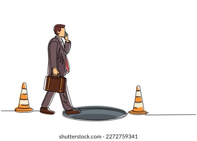 Single one line drawing businessman talking on cell phone and he does not see the hole in front. Man walks to business trap. Metaphor. Modern continuous line draw design graphic vector illustration