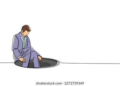 Single one line drawing businessman descends into the hole. Concept of failure to take advantage of business opportunities. Depressed and business failure concept. Continuous line draw design vector