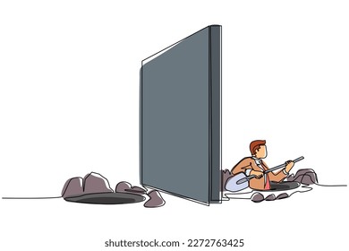 Single one line drawing businessman digging tunnel under wall or obstacle on border or on path to success. Starting new business company to reach goal. Continuous line draw design vector illustration