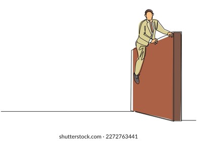 Single one line drawing businessman overcame wall obstacles that blocked him and conquered adversity. Overcome difficulties to achieve victory. Continuous line draw design graphic vector illustration