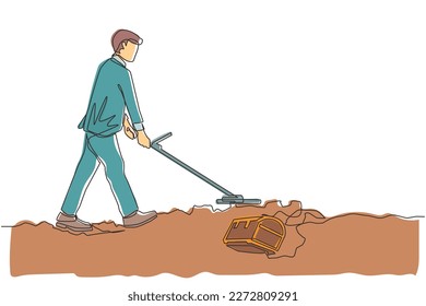 Single one line drawing businessman with metal detector looking for treasure chest. Man treasure seeker with metal detector finding precious jewel. Continuous line design graphic vector illustration