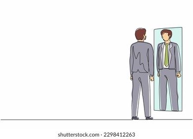 Single one line drawing businessman looks himself in the mirror  Clerk manager looking at his reflection in mirror   evaluating his attire  Continuous line draw design graphic vector illustration