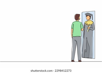 Single one line drawing businessman standing in front of mirror looking his reflection, imagine himself graduation student with diploma. Successful future in mirror. Continuous line draw design vector