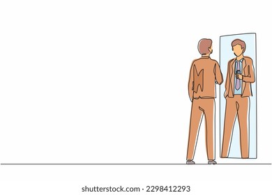 Single one line drawing businessman wearing formal suit making selfie in stand in front of mirror. Man taking selfie. Addiction on smartphone and internet. Continuous line design vector illustration