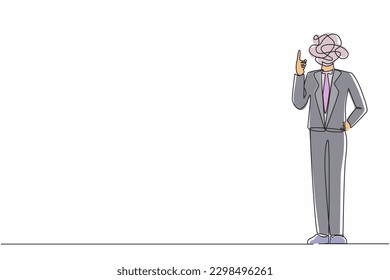 Single one line drawing businessman with round scribbles instead of a head. Male manager pointing finger up gesture. Idea, innovation, invention, problem solving. Continuous line graphic design vector