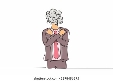 Single one line drawing businessman and round scribbles instead head  Male manager and fists clenched  arms crossed gesture  Attractive guy and arms crossed  Continuous line draw design vector