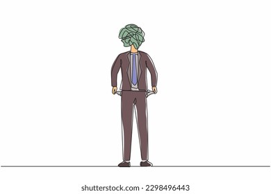 Un empresario de dibujo de una sola línea con garabatos redondos en lugar de cabeza. El gerente masculino con los bolsillos salió, sin dinero. Persona en quiebra. Vector gráfico de diseño de trazos de línea continua