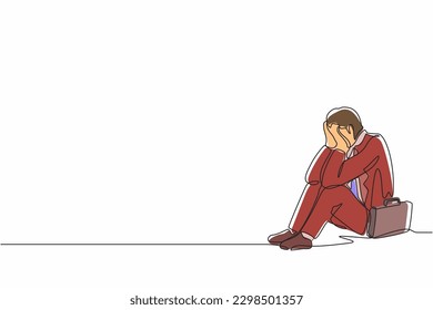 Single one line drawing businessman feeling sad and depression sitting on the floor. Office worker feeling blue, stress, sad. Depression for young people concept. Continuous line graphic design vector