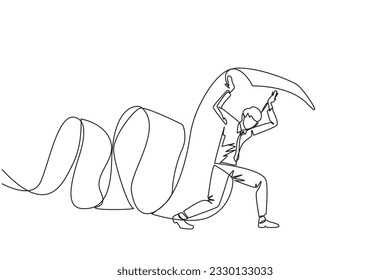 Single one line drawing of businessman held a long roll of billing paper dangling to floor with shoulders. Bear and keep paying amount of bills so the business continues to run. Continuous line design